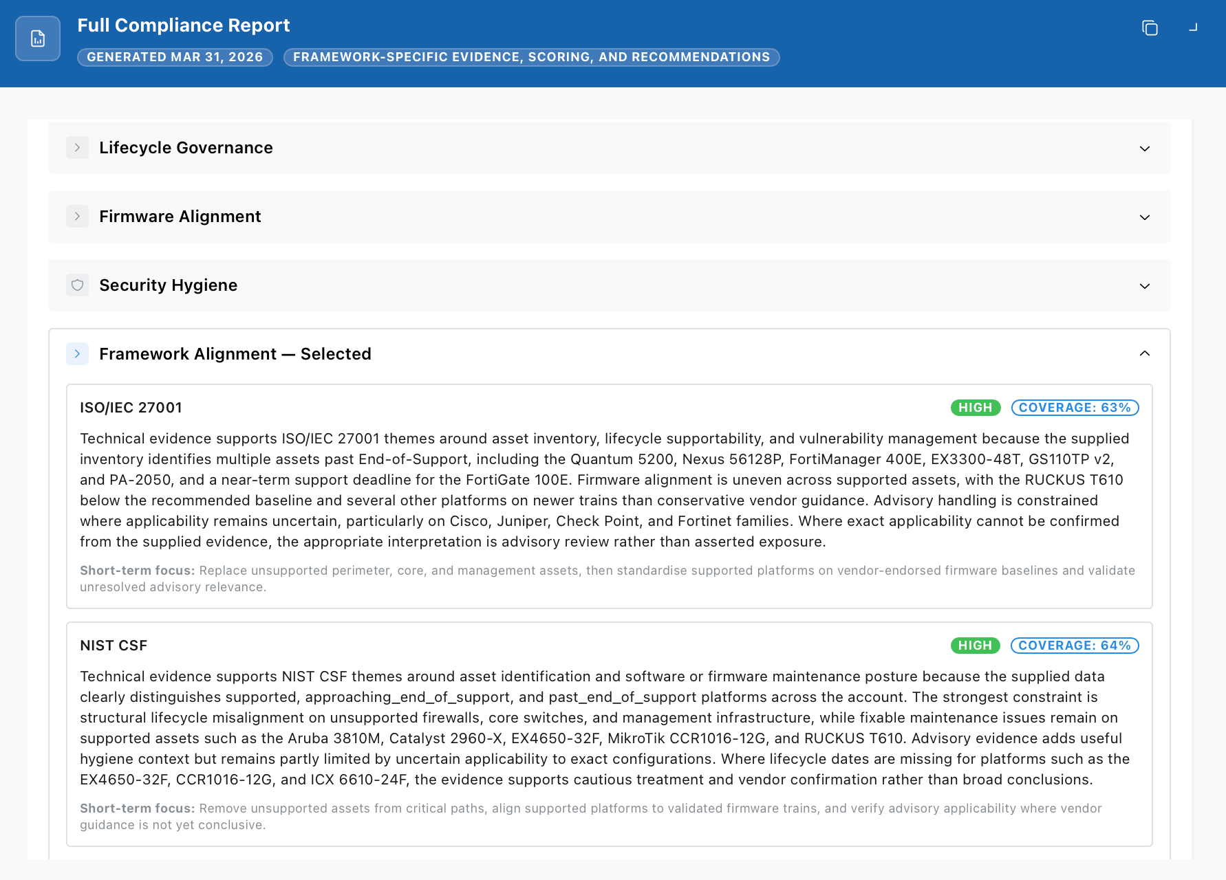 VendorFox compliance report showing ISO 27001 and NIST CSF alignment with lifecycle and firmware evidence