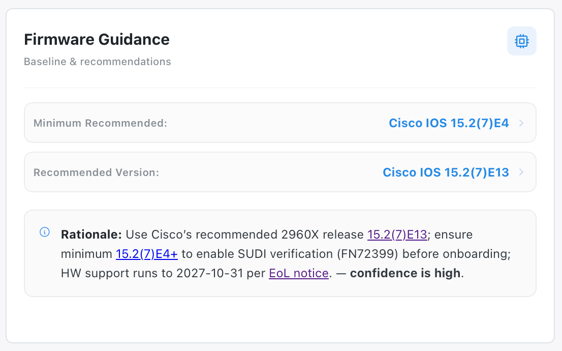 VendorFox firmware guidance showing vendor-recommended firmware versions and rationale