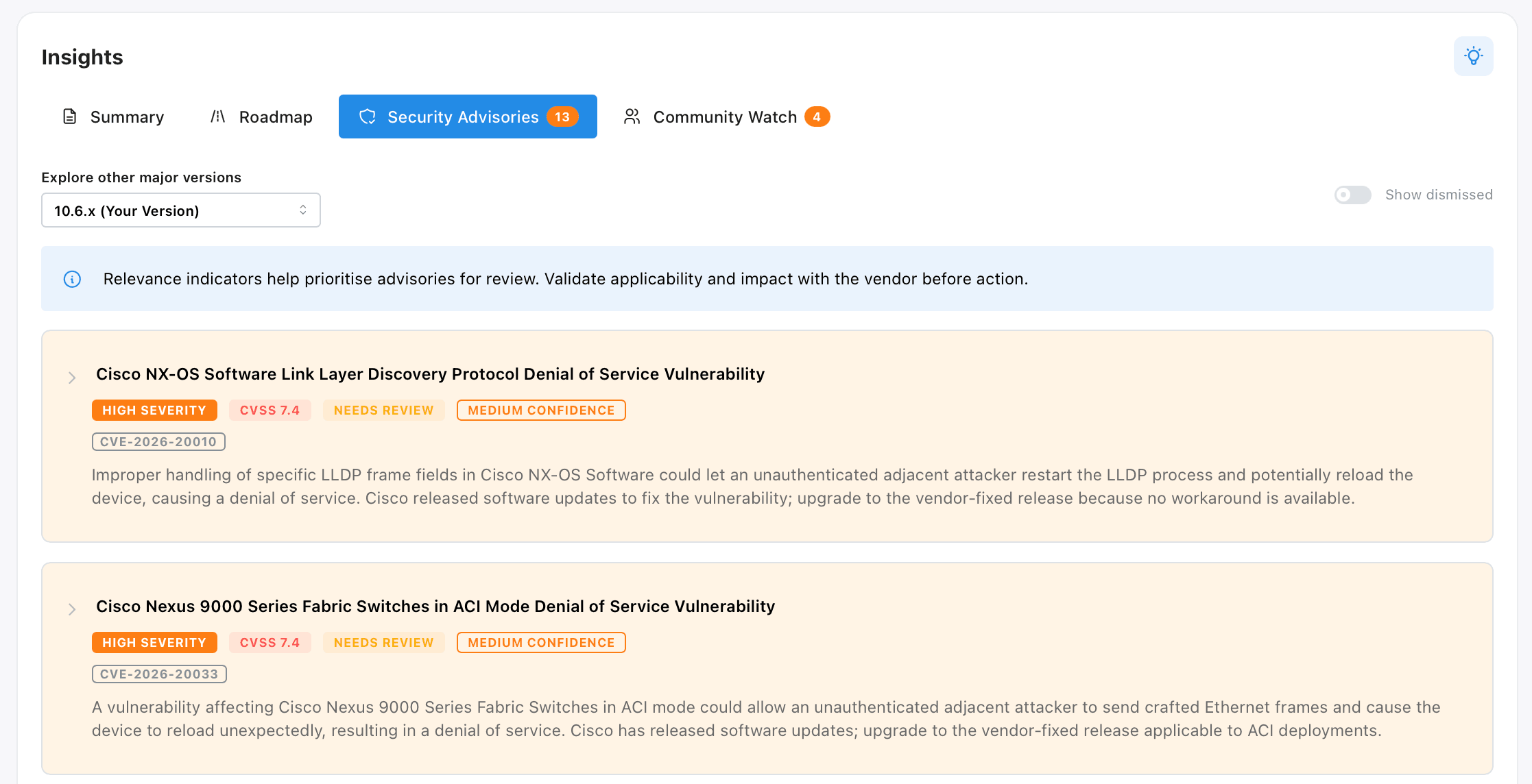 VendorFox security advisories view showing advisories mapped to the current device version